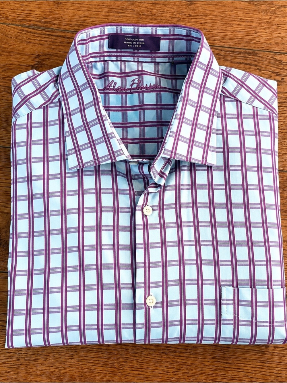 Alan Flusser Men’s XL Plaid Button Down Shirt Aqua Purple 100% Cotton